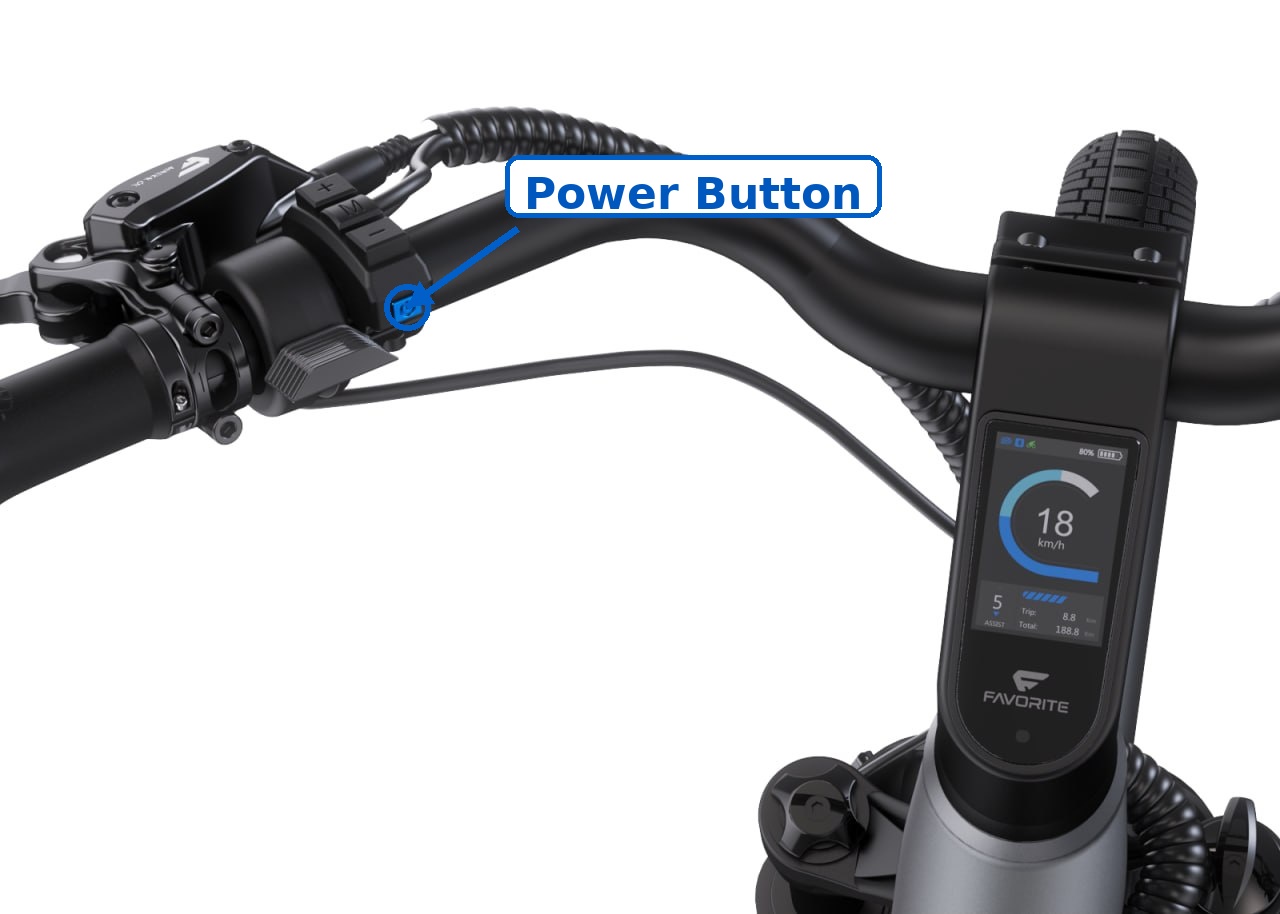 FavoriteBikes left-handlebar power button marked in blue