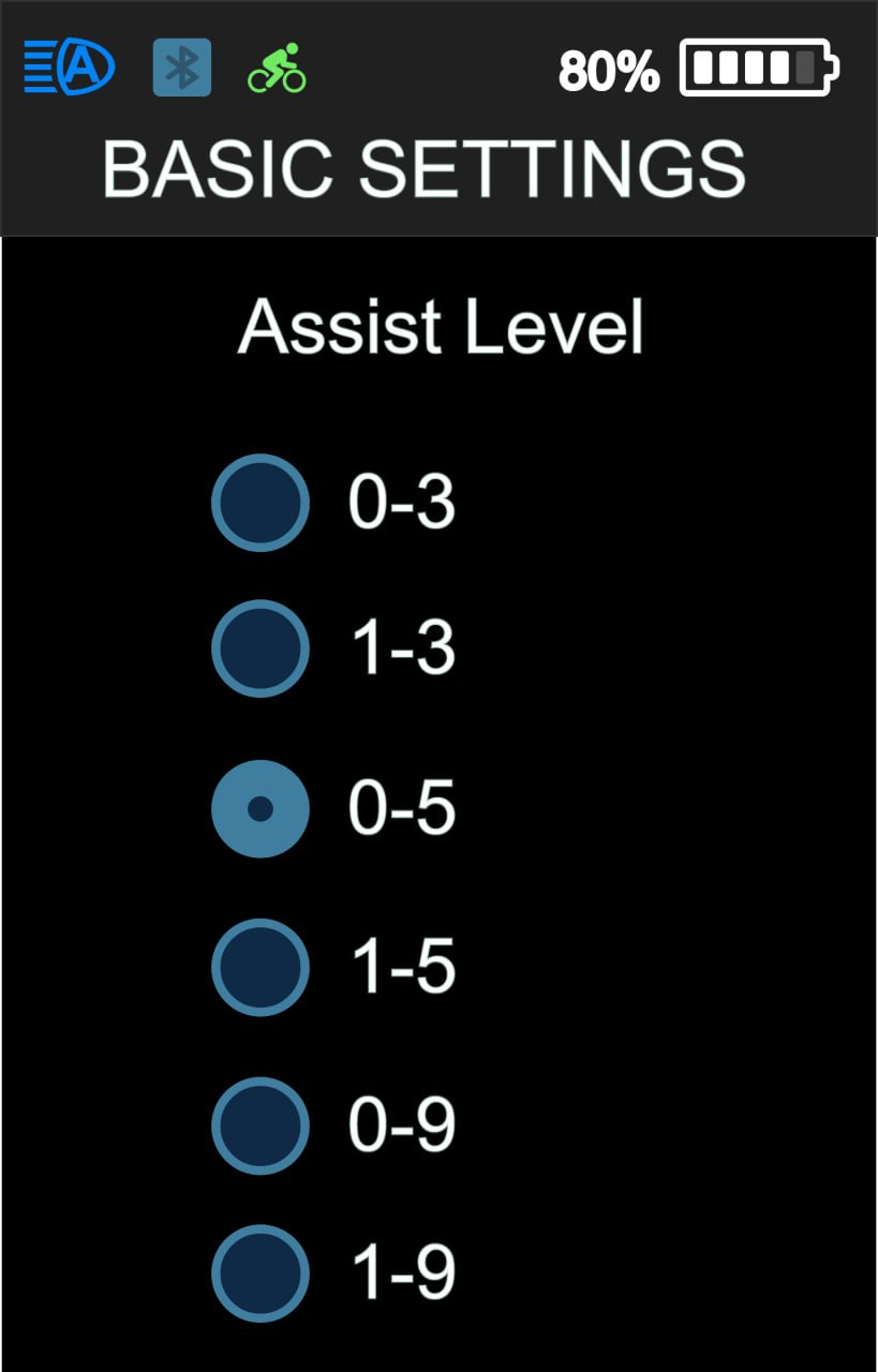 Assist Level settings screen showing 0-3, 1-3, 0-5, 1-5, 0-9, and 1-9 options