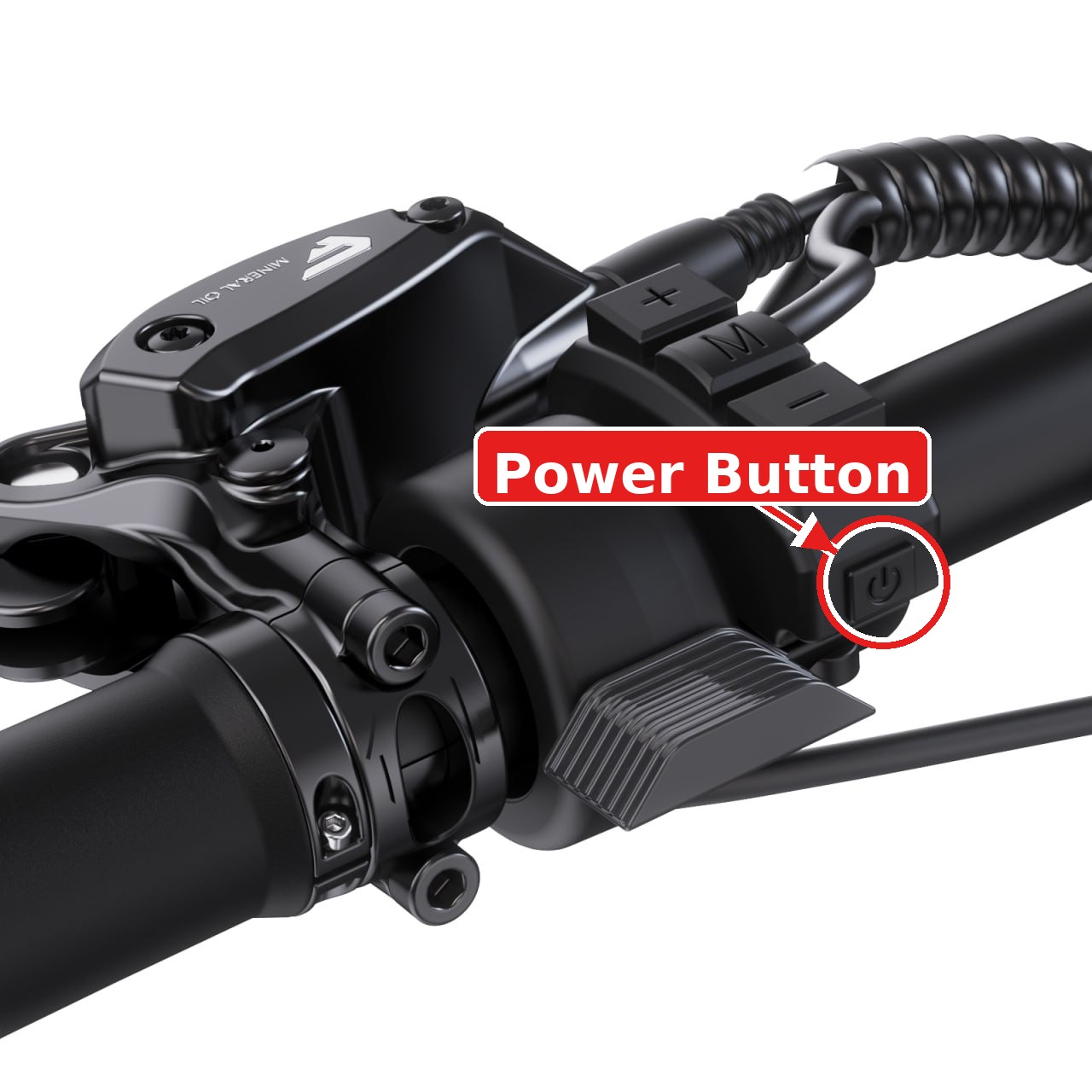 Annotated close-up of the FavoriteBikes left-handlebar power button